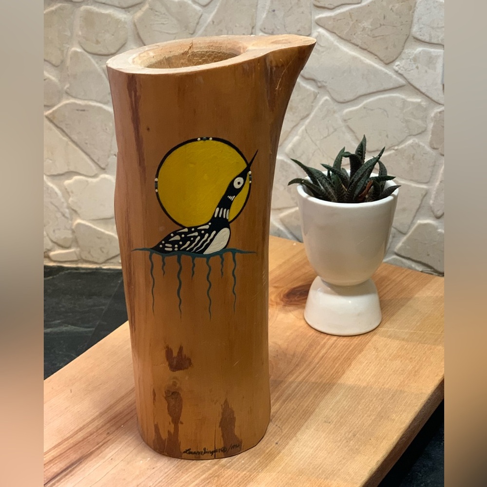 VINTAGE WOOD VASE | Indigenous Art of Loon and Moon